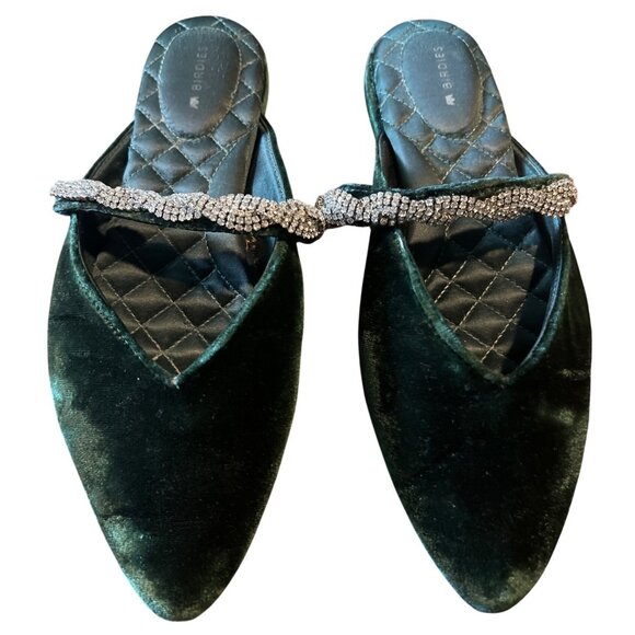 Birdies The Swan Velvet Gem Bracelet Flats Shoes​ Mules Slides 6 Emerald Green - Picture 4 of 8